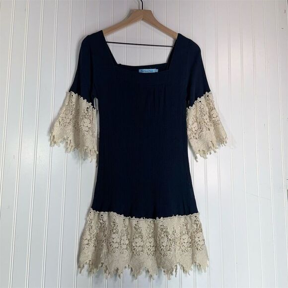 Solitaire Swim Navy Blue Boho Crochet Lace Dress | Cottagecore Festival Tunic L - Picture 2 of 9